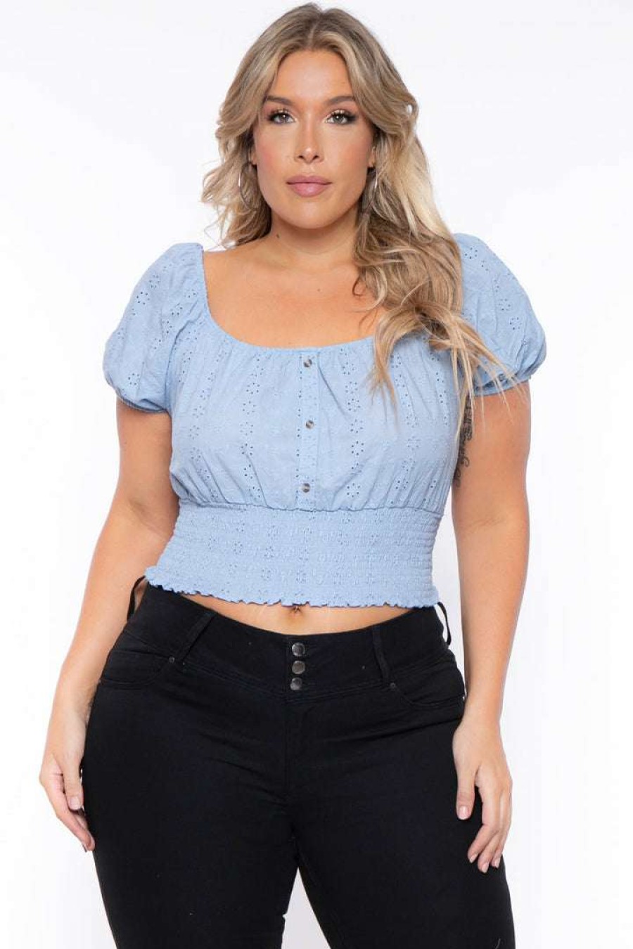 Tops * | Ambiance New Arrivals Plus Size Lillian Eyelet Top Blue