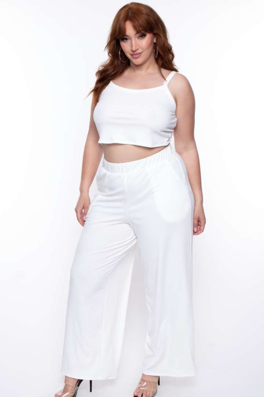 Sets * | Curvy Sense Plus Size Essential Ribbed Flare Pants Essential Mix Ivory