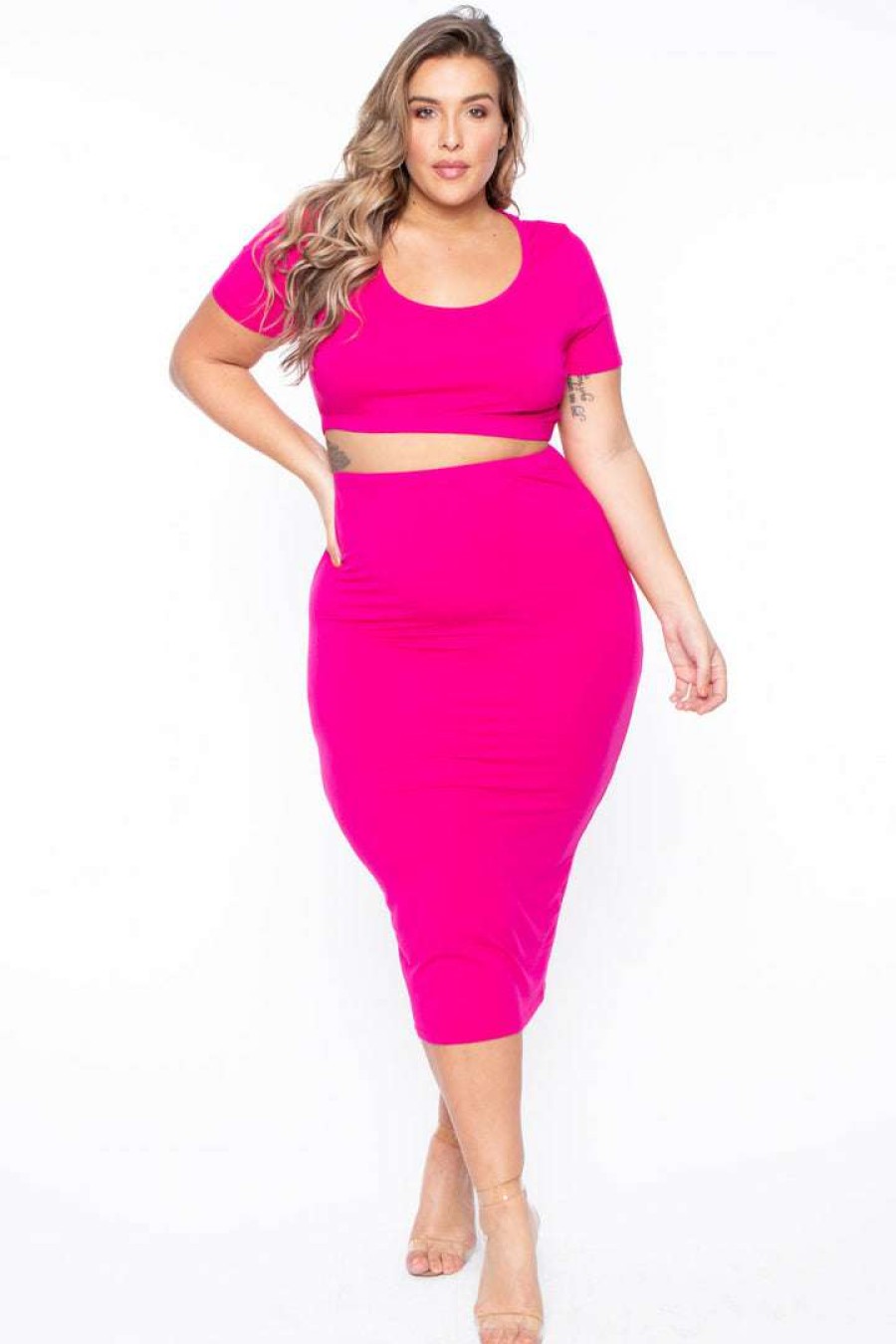 Sets * | Curvy Sense Matching Sets Plus Size Carmen Top & Skirt Matching Set Fuchsia