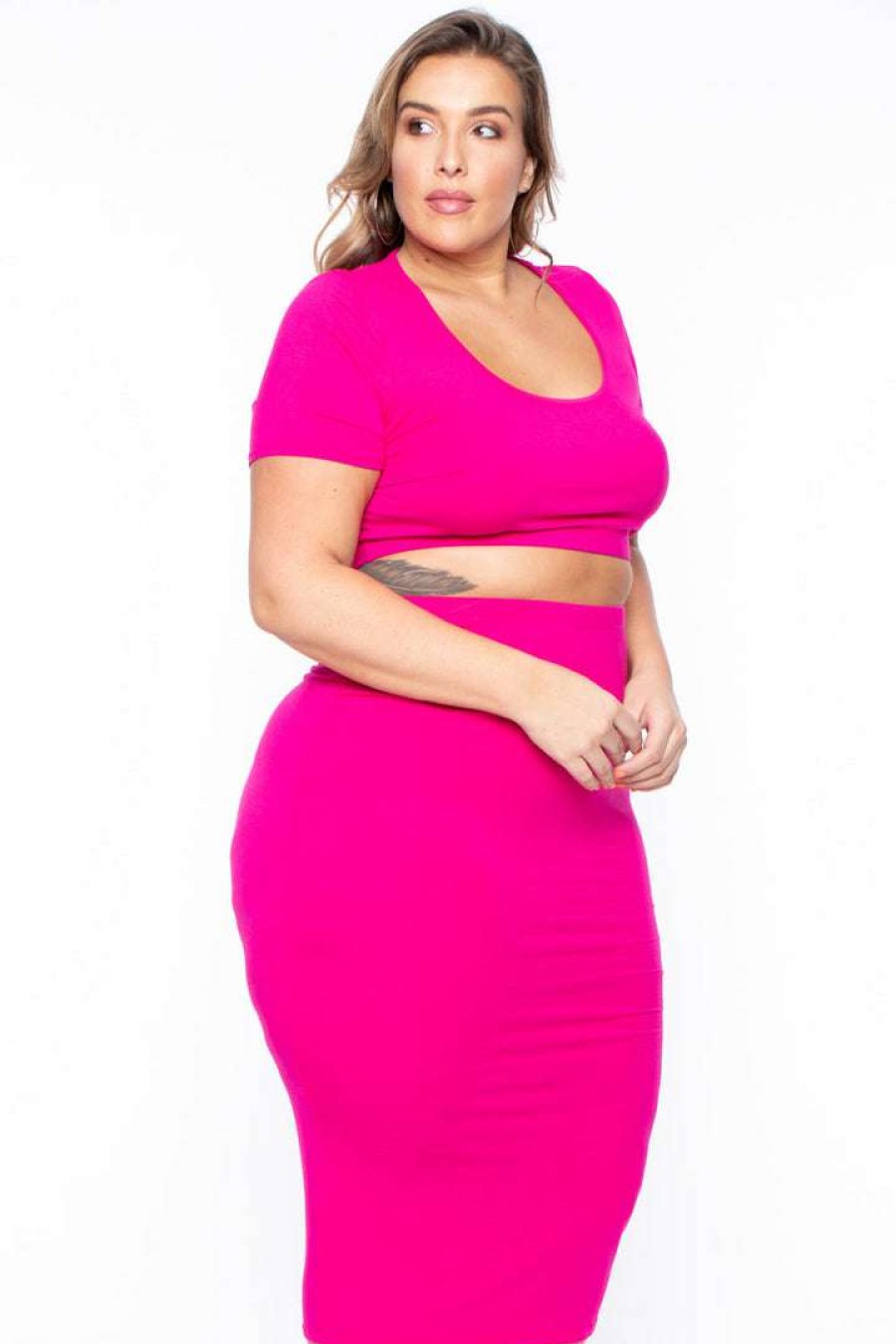 Sets * | Curvy Sense Matching Sets Plus Size Carmen Top & Skirt Matching Set Fuchsia