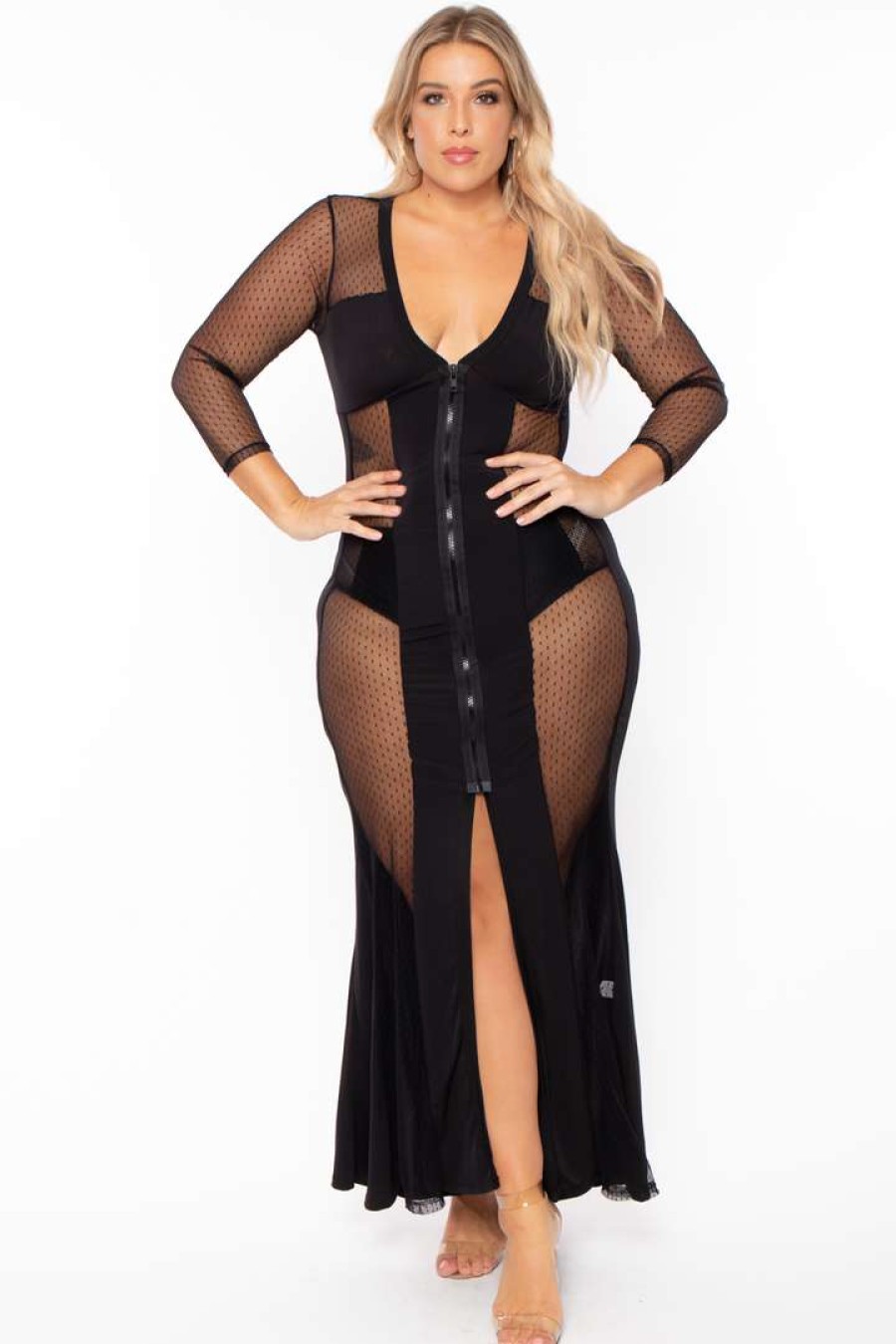 Dresses * | Katy Usa Plus Size Cindy Mesh Inset Maxi Dress Back In Stock Black