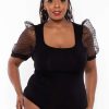 Tops * | Curvy Sense Plus Size Organza Sleeves Bodysuit Back In Stock Black