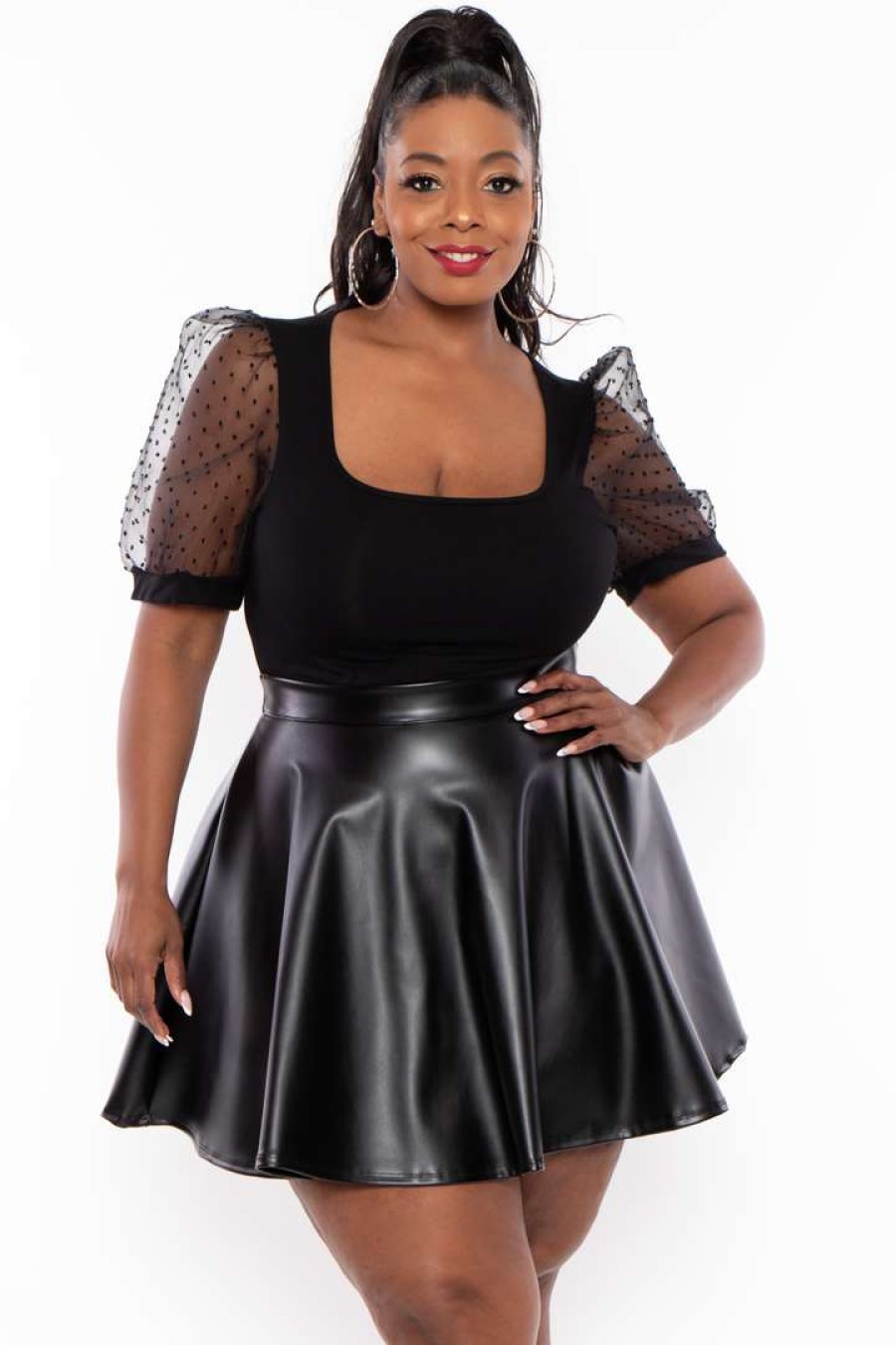 Tops * | Curvy Sense Plus Size Organza Sleeves Bodysuit Back In Stock Black