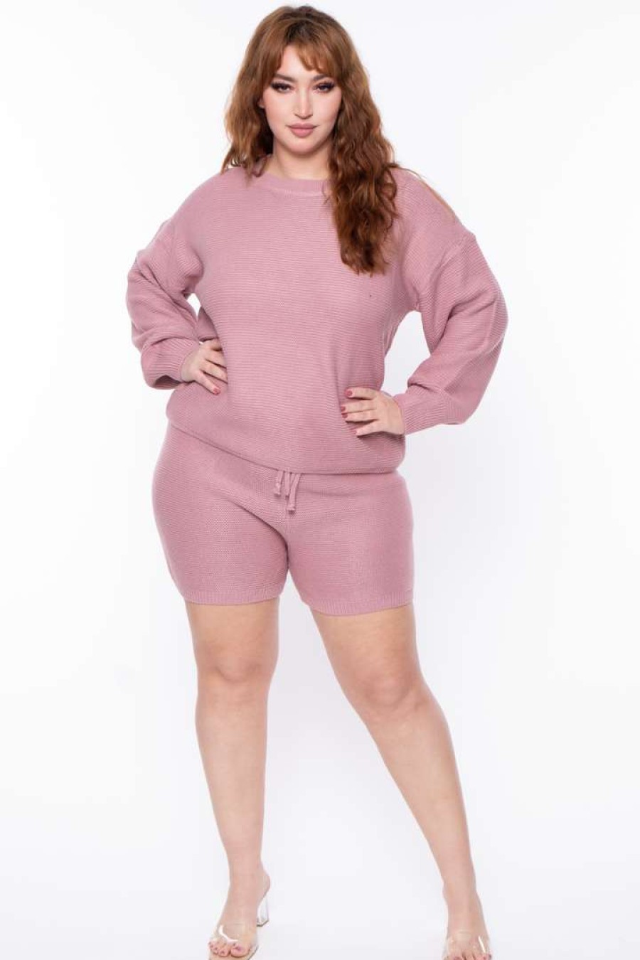 Sets * | Highlight Plus Size Knit Sweater And Shorts Set Matching Sets Mauve