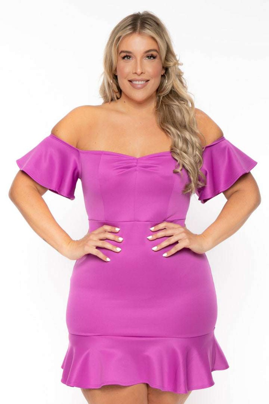 Dresses * | Curvy Sense New Arrivals Plus Size Amika Ruffle Hem Dress- Purple Black