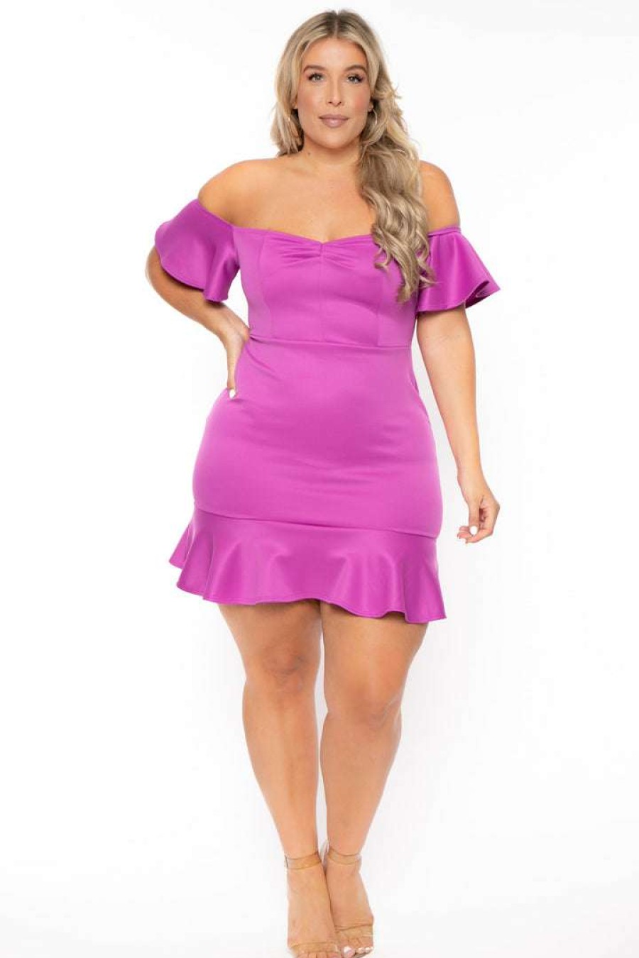 Dresses * | Curvy Sense New Arrivals Plus Size Amika Ruffle Hem Dress- Purple Black