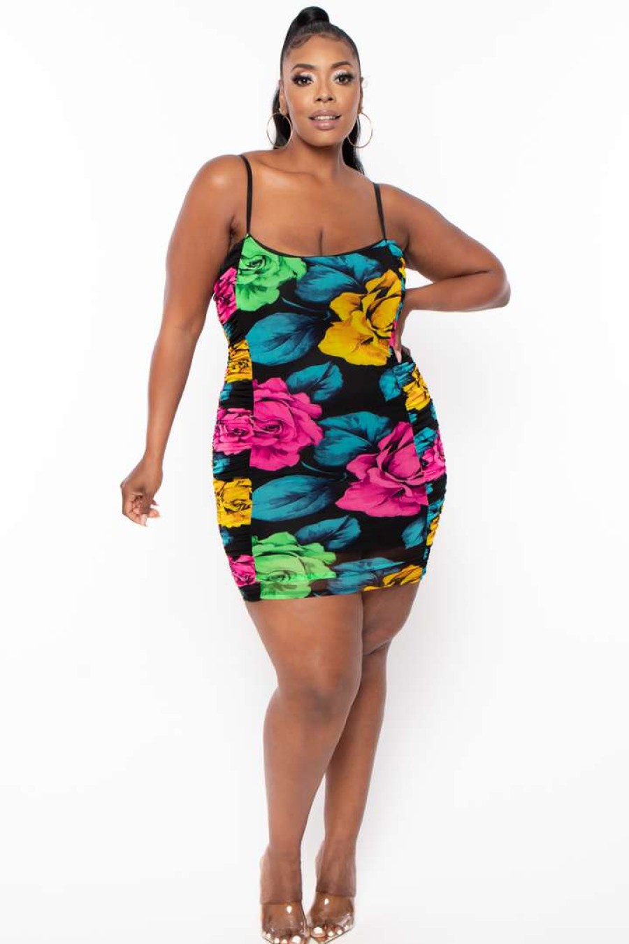 Dresses * | Bluebell Plus Size Floral Ruched Mesh Dress Black