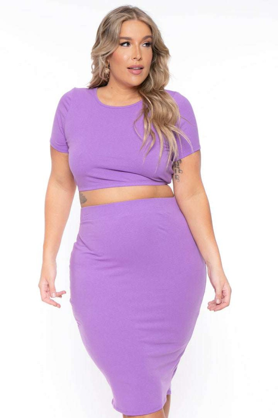 Sets * | Curvy Sense Plus Size Jane Crop Top And Skirt Matching Set Purple