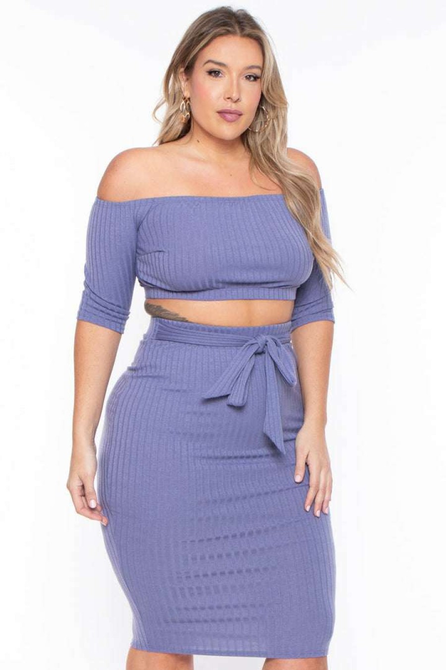 Sets * | Curvy Sense Plus Size Off The Shoulder Matching Set Sets Periwinkle