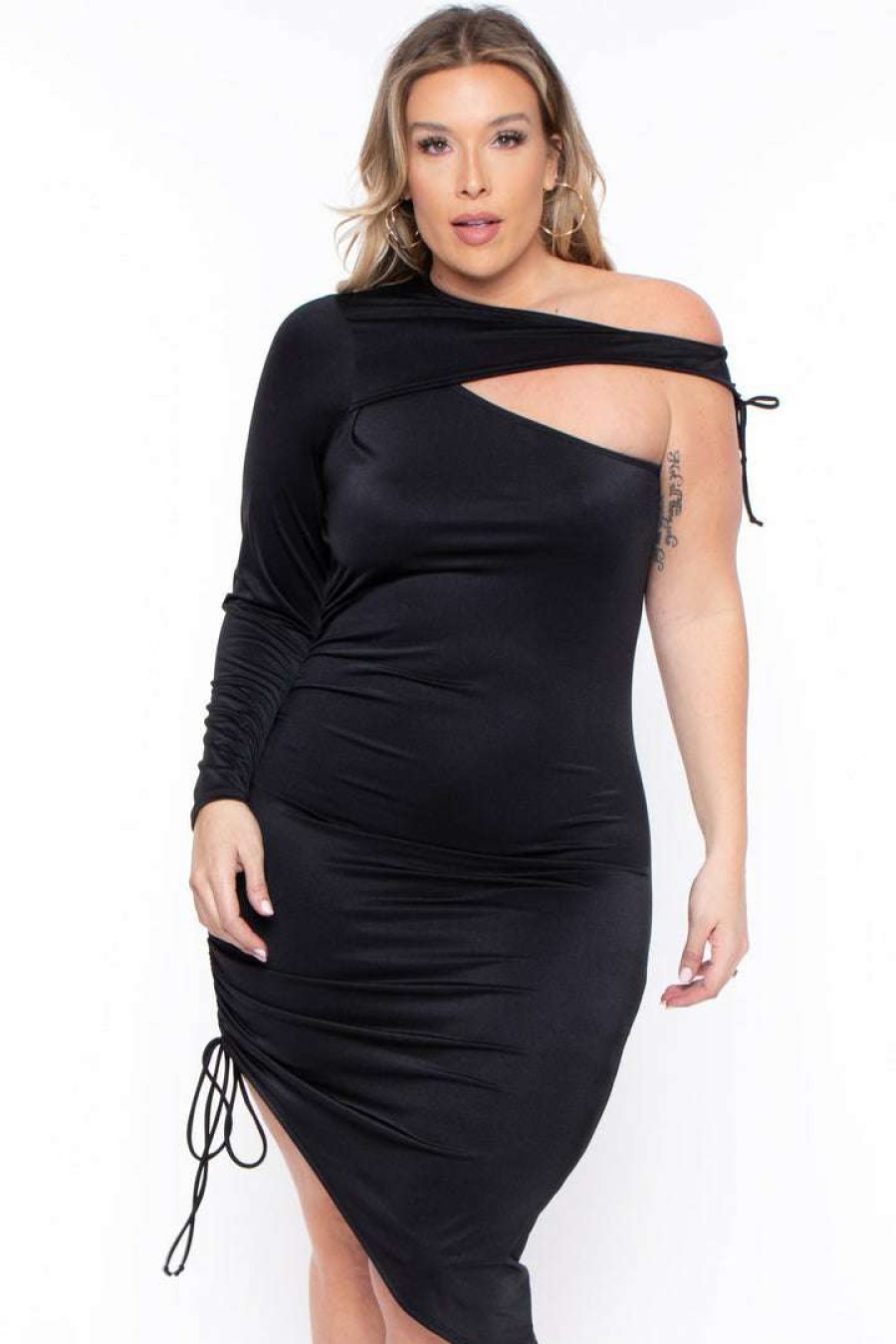 Dresses * | Curvy Sense Plus Size Scarlett Asymmetric Ruched Dress Little Styles Black