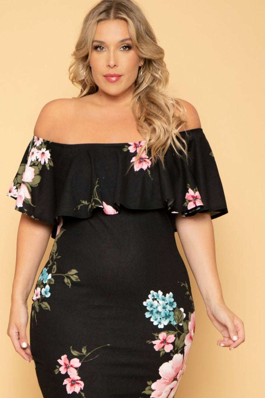 Dresses * | Curvy Sense Plus Size Saia Floral Bodycon Dress New Arrivals Black