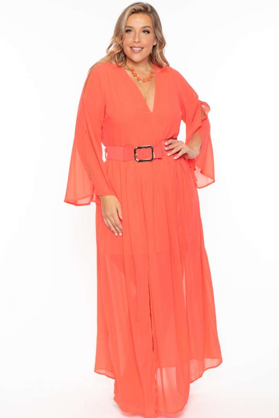 Dresses * | Miss Avenue Plus Size Kerrin Belted Chiffon Dress Coral