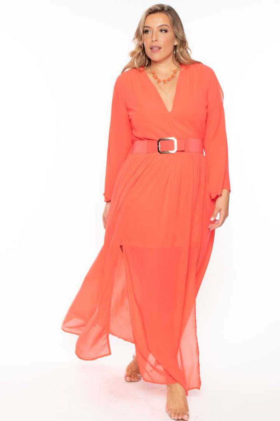 Dresses * | Miss Avenue Plus Size Kerrin Belted Chiffon Dress Coral