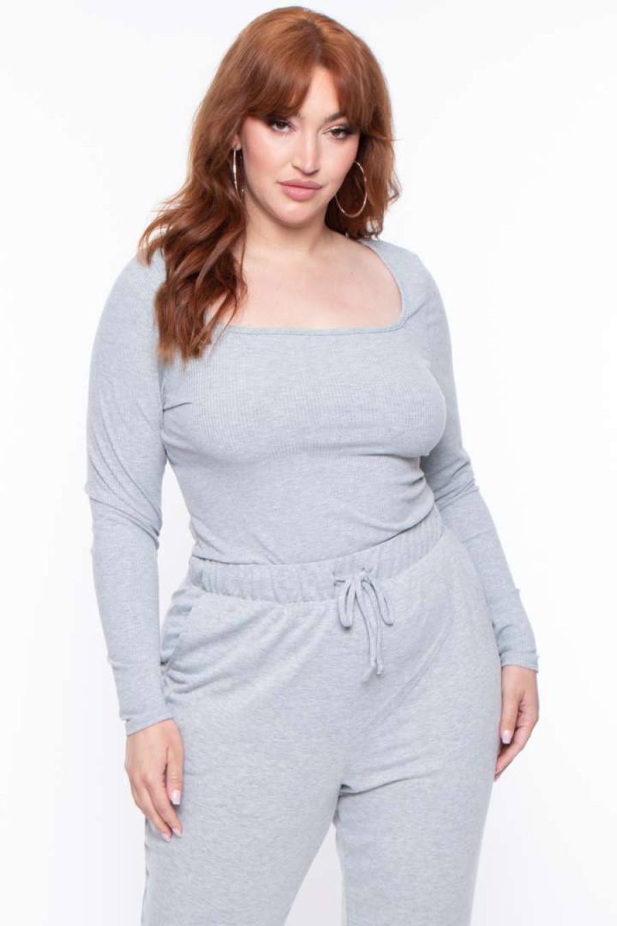 Sets * | Curvy Sense Plus Size Essential Ribbed Top Essential Mix Heather Grey