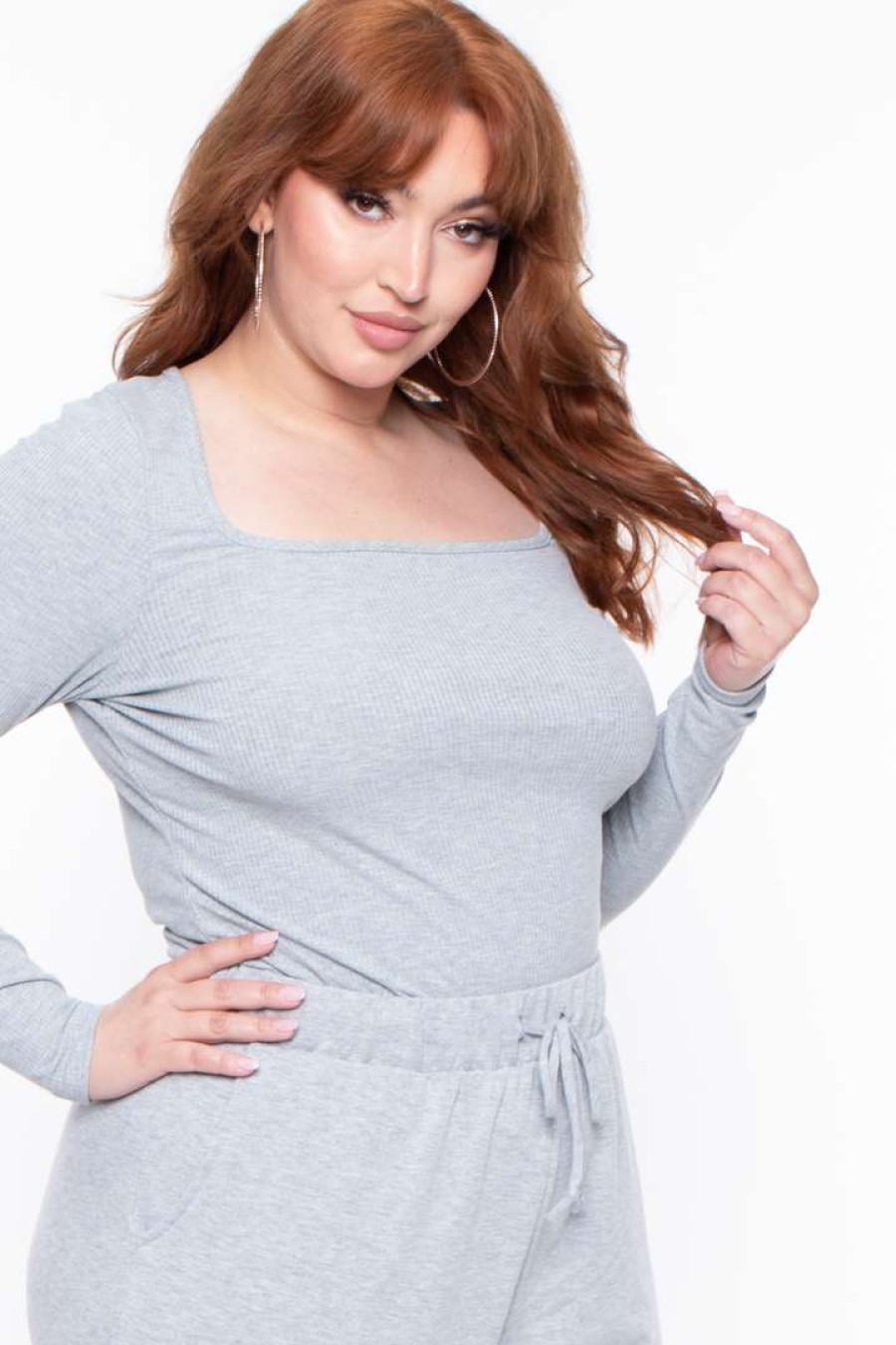 Sets * | Curvy Sense Plus Size Essential Ribbed Top Essential Mix Heather Grey