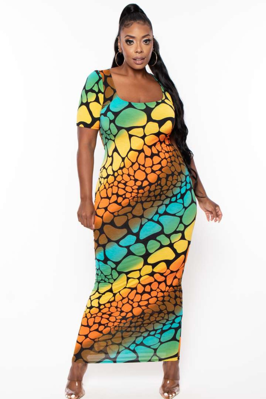 Dresses * | The Curve La Plus Size Sophie Rainbow Bodycon Maxi Dress Dresses Orange