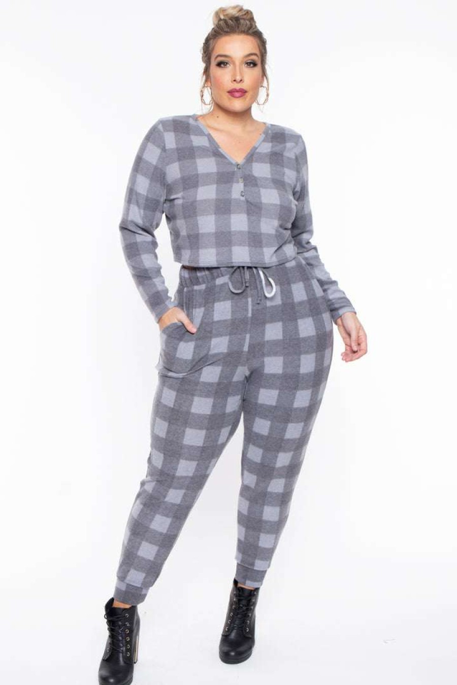 Sets * | Curvy Sense Plus Size Aliza Plaid Lounge Set Gray