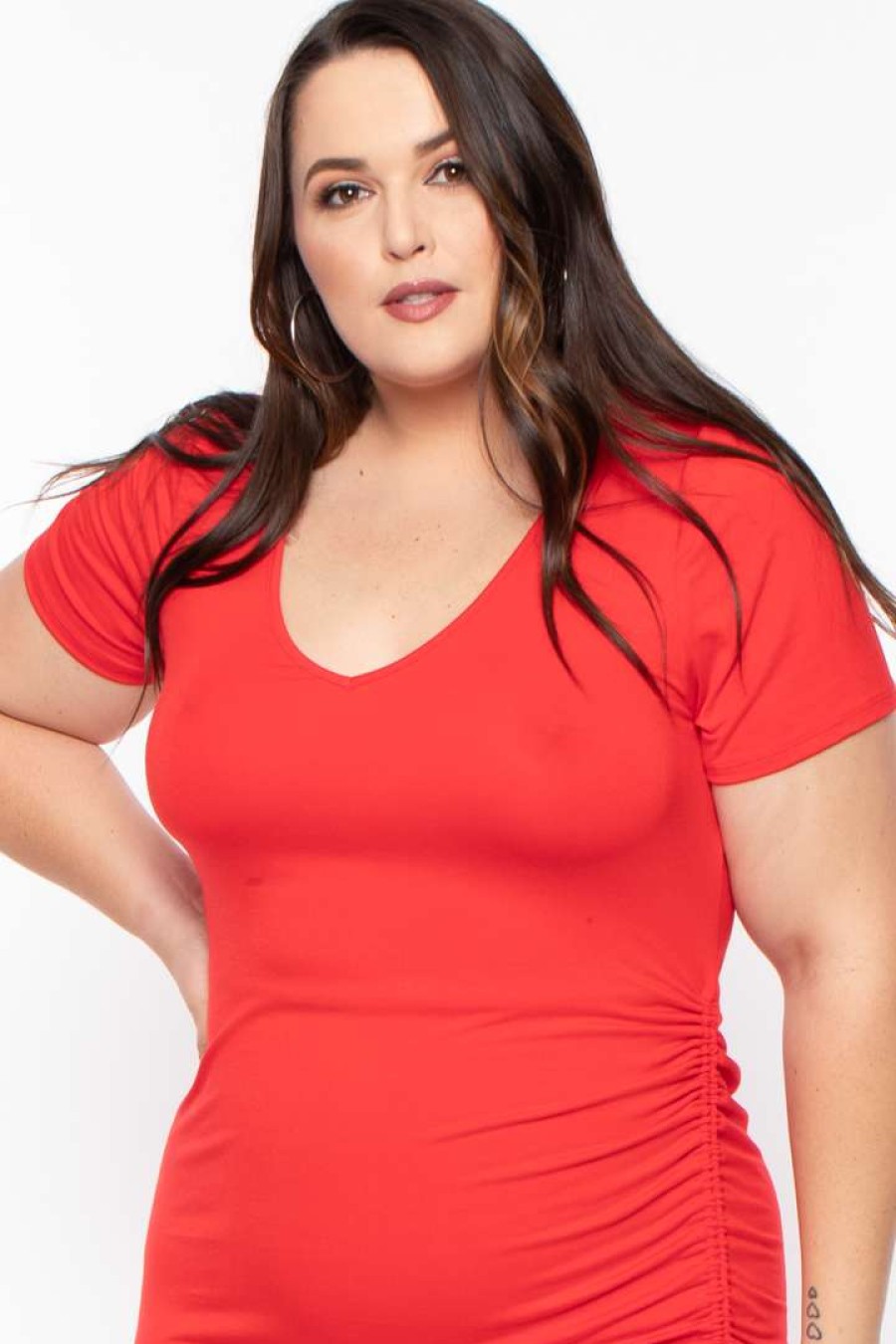 Dresses * | Curvy Sense Plus Size Side Ruched Bodycon Dress Red