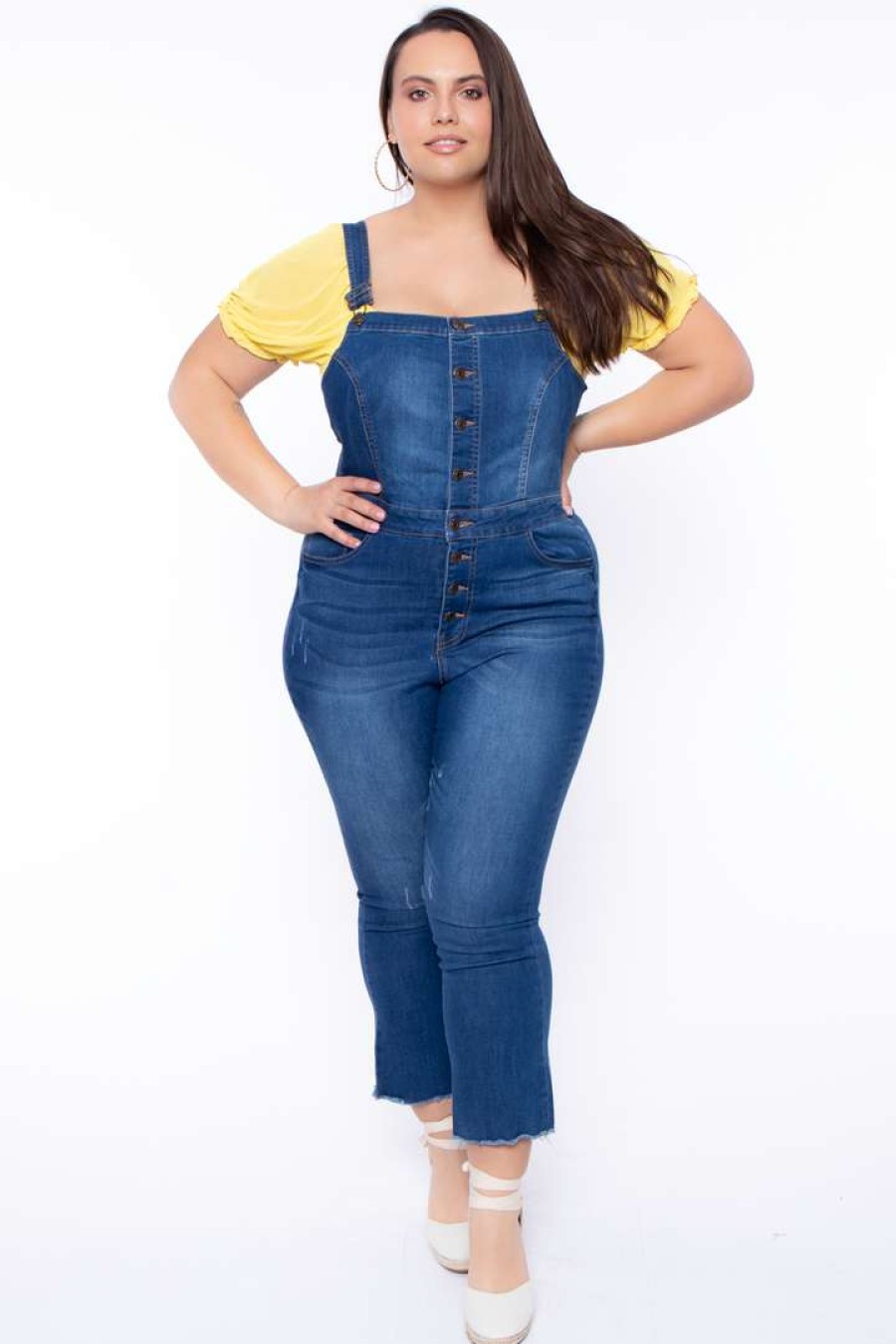 Bottoms * | Wax Jean Plus Size Denim Cropped Flare Overalls Jeans Medium Wash