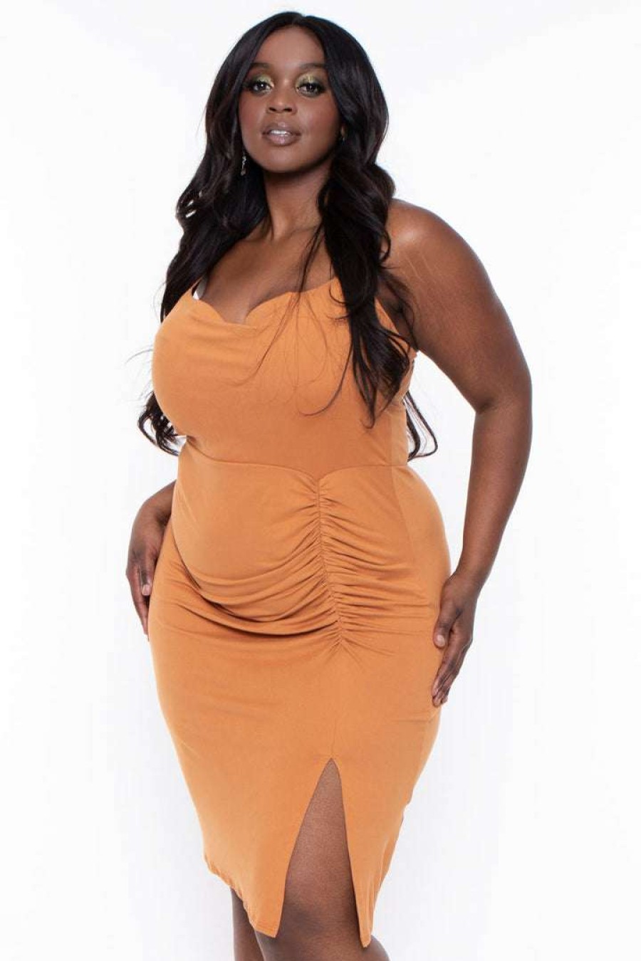 Dresses * | Davids Place Plus Size Cece Ruched Bodycon Dress Mustard