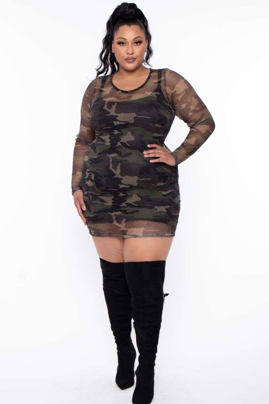 Dresses * | Curvy Sense Dresses Plus Size Print Fishnet Dress Camo