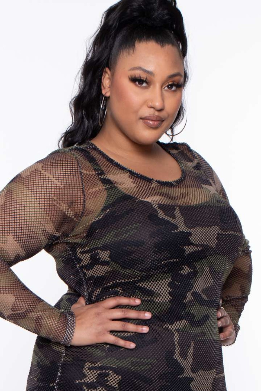 Dresses * | Curvy Sense Dresses Plus Size Print Fishnet Dress Camo