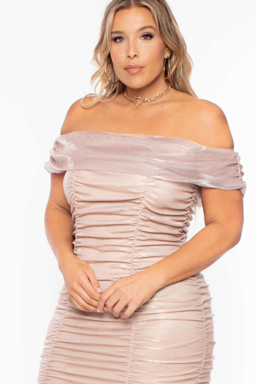 Dresses * | Curvy Sense Plus Size Celestia Ruched Off The Shoulder Dress Party Shop Mauve