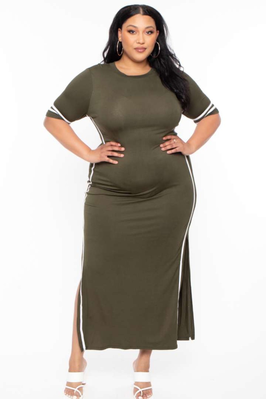 Dresses * | Solid Dresses Plus Size Varsity Stripe Maxi Dress Olive