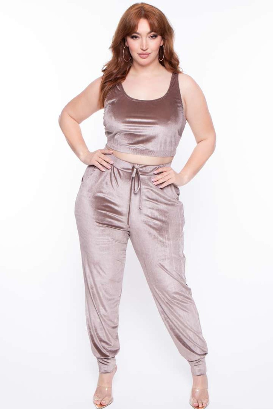 Sets * | Curvy Sense Matching Sets Plus Size Gaby Velour Tank & Jogger Set Taupe