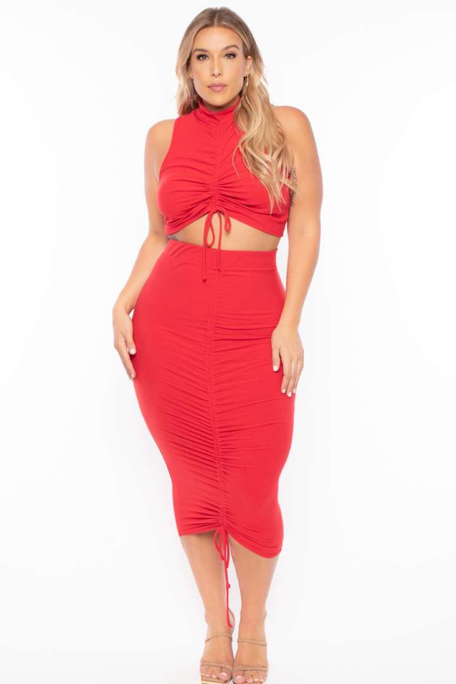 Sets * | Curvy Sense Matching Sets Plus Size Sora Crop Top & Skirt Set Red