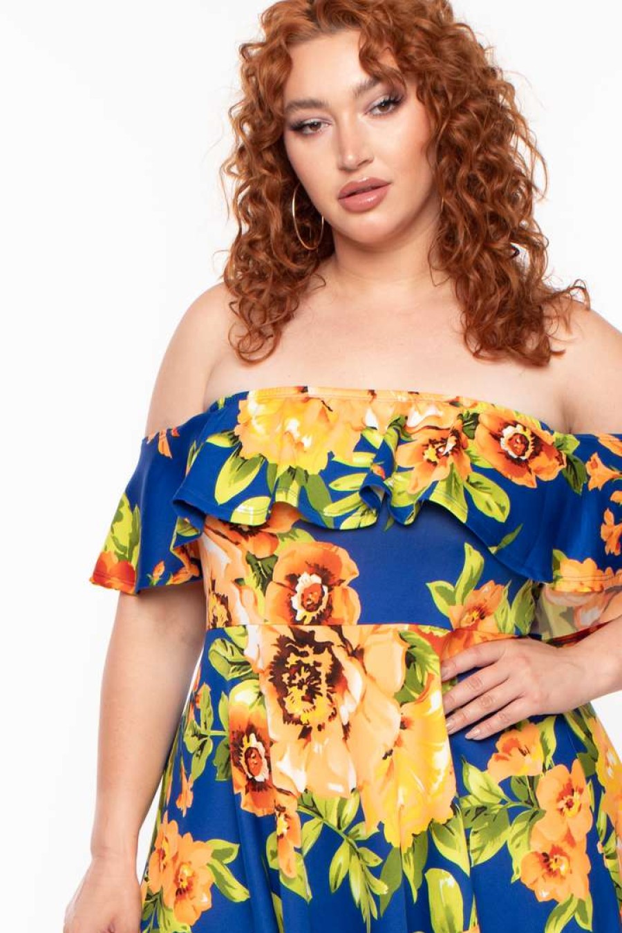 Dresses * | Bluebell Dresses Plus Size Mishka Floral Frill Dress Royal