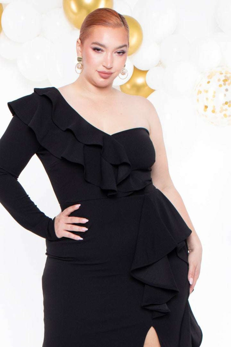 Dresses * | Symphony Party Shop Plus Size Riku Asymmetric Ruffle Gown Black