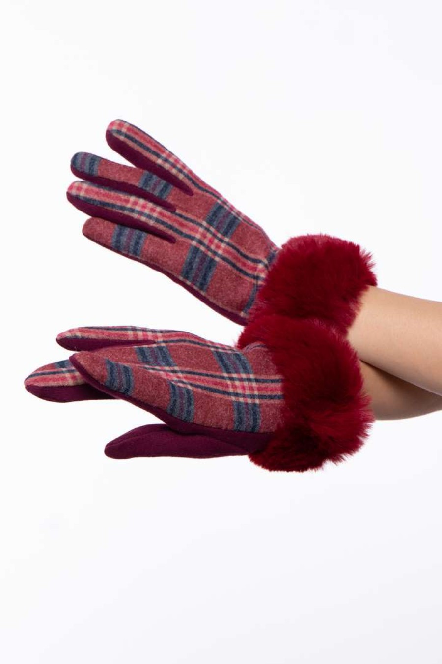 Accessories * | Illuma Fashion Plaid Gloves With Faux Fur Cuff Accessories Red