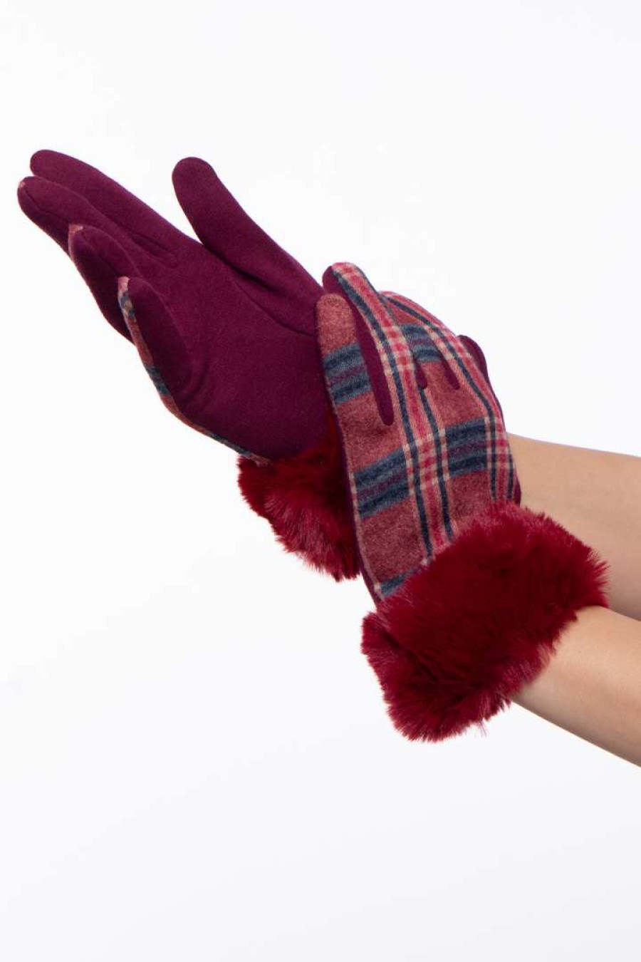 Accessories * | Illuma Fashion Plaid Gloves With Faux Fur Cuff Accessories Red