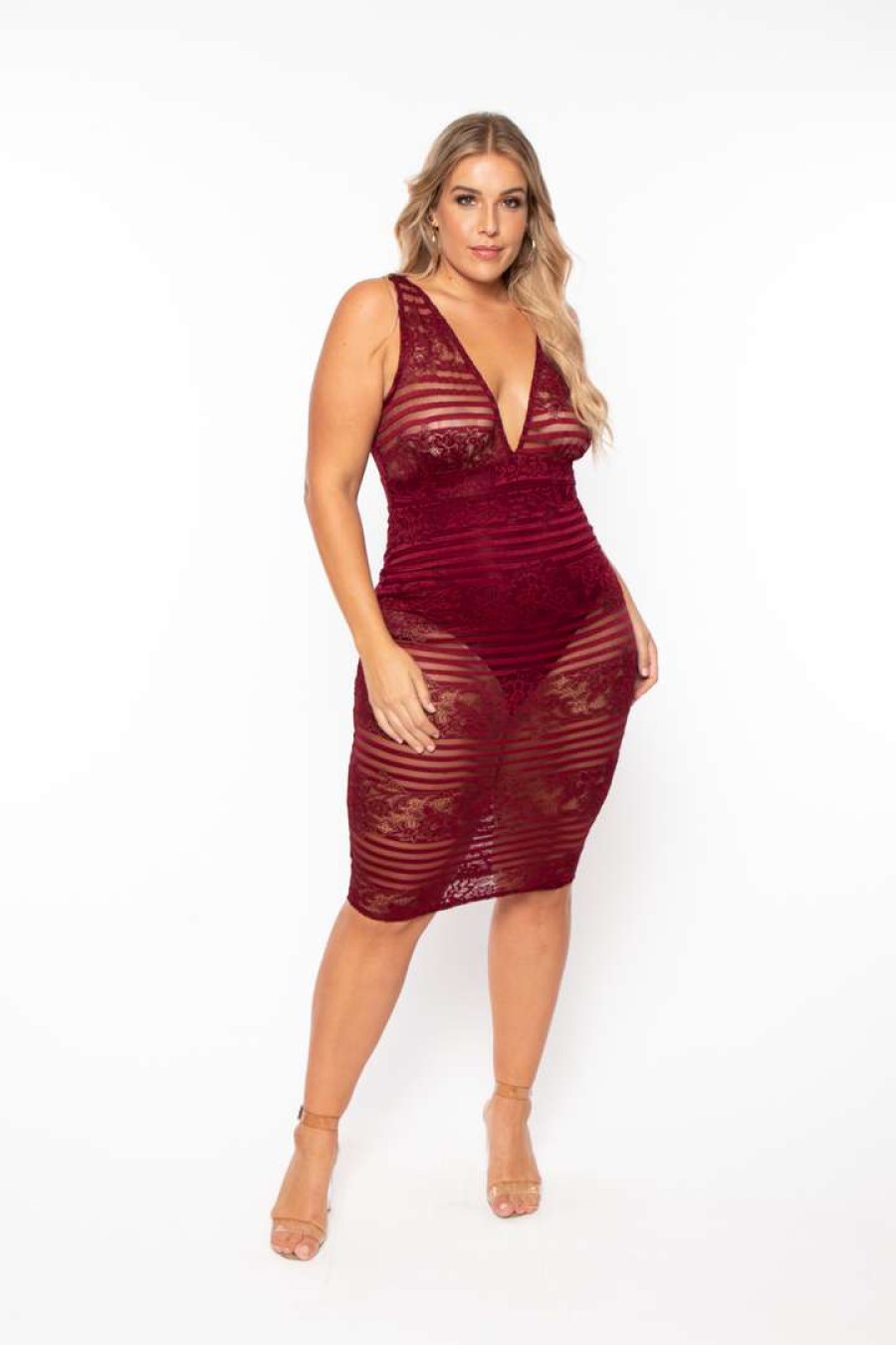 Dresses * | Curvy Sense Dresses Plus Size Bonnie Striped Lace Plunge Dress Burgundy