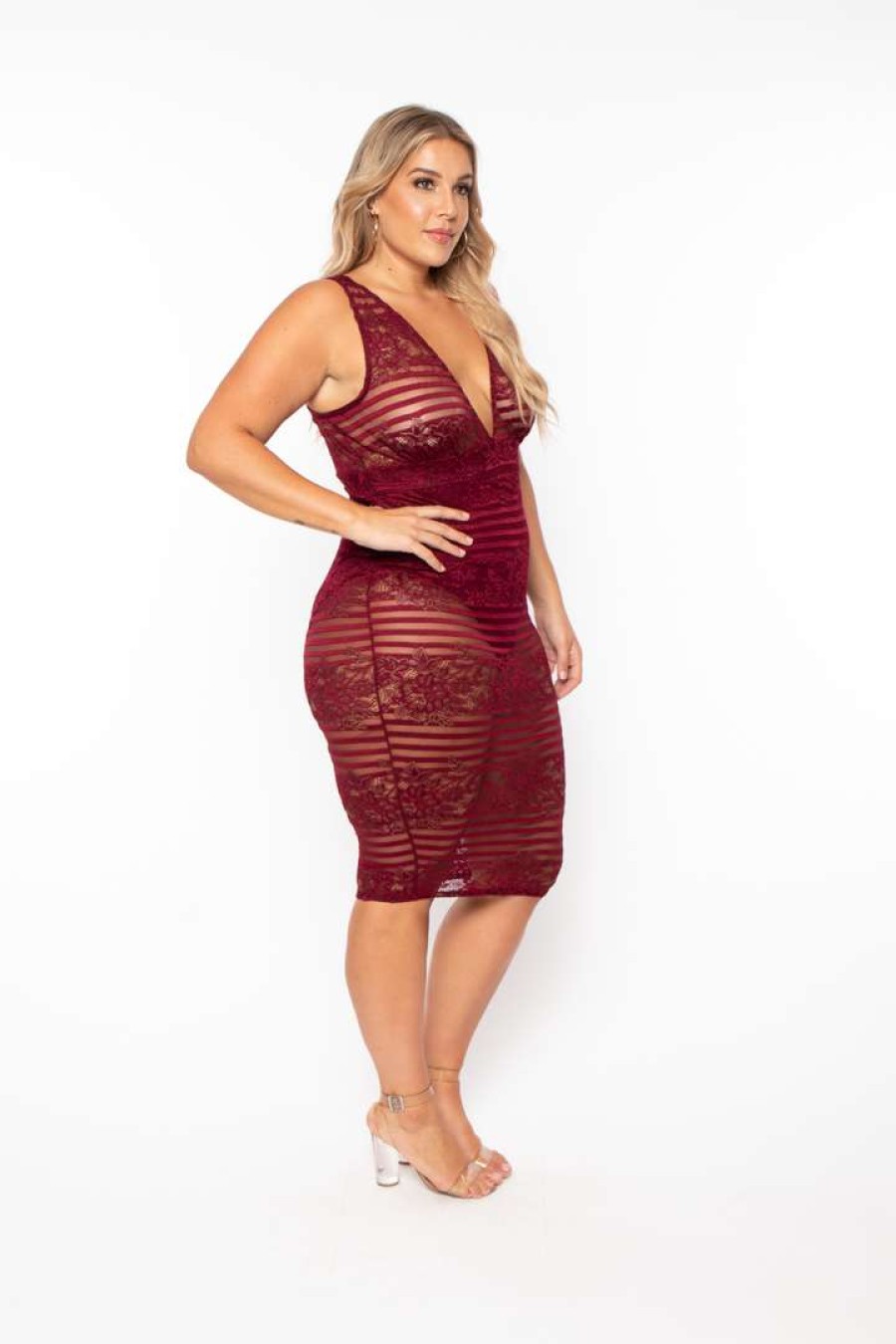 Dresses * | Curvy Sense Dresses Plus Size Bonnie Striped Lace Plunge Dress Burgundy