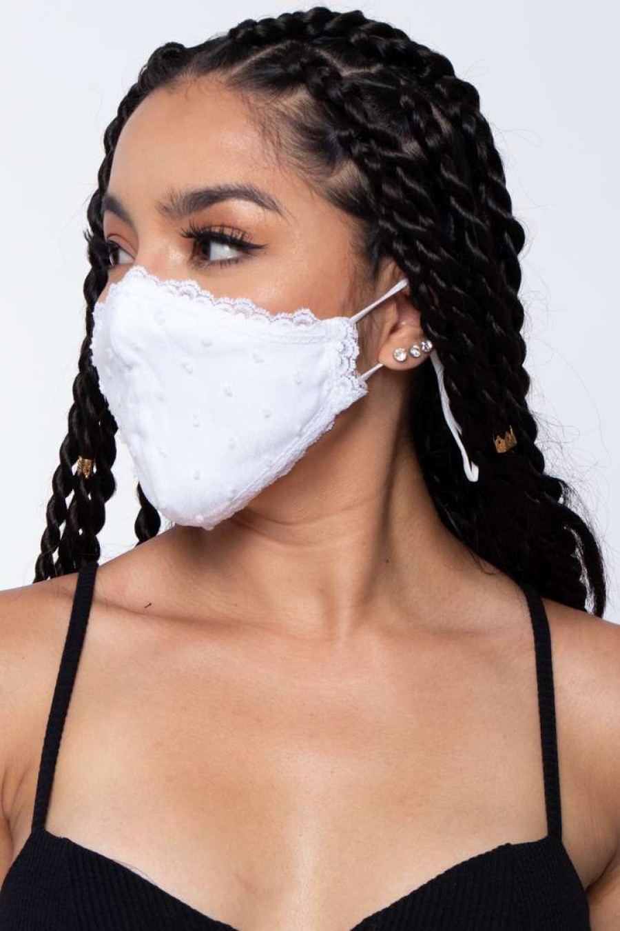 Accessories * | Curvy Sense Washable 3-Layer Lace-Trimmed Clip Dots Face Mask White