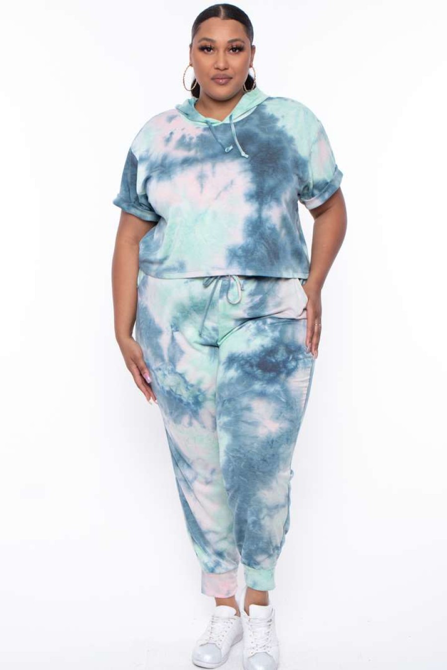 Sets * | Curvy Sense Matching Sets Plus Size Stelle Tie Dye Crop Hoodie & Joggers Set Green