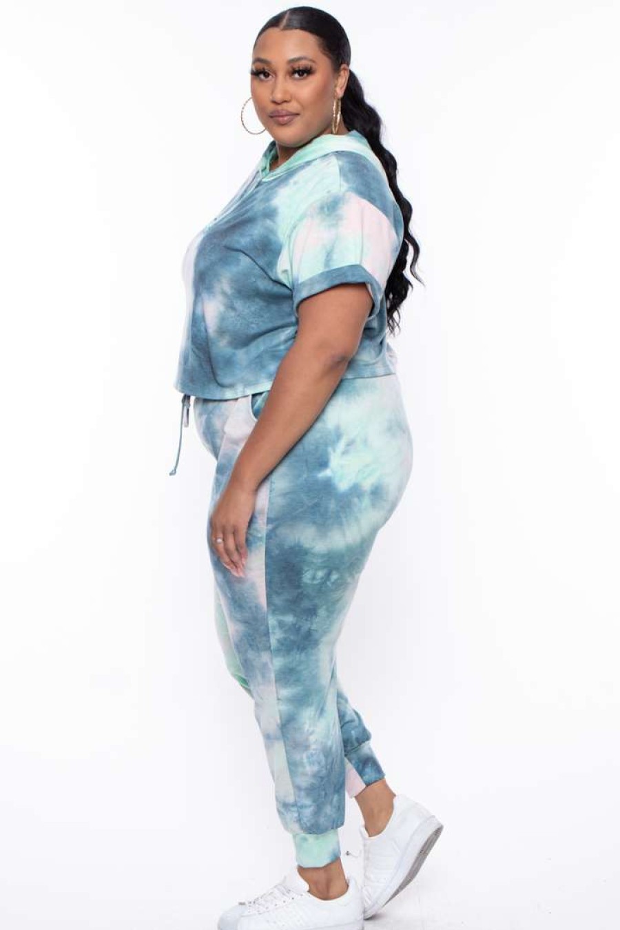 Sets * | Curvy Sense Matching Sets Plus Size Stelle Tie Dye Crop Hoodie & Joggers Set Green