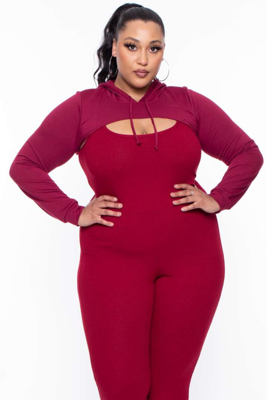 Sets * | Curvy Sense Essential Mix Plus Size Essential Cut Out Hoodie Burgundy