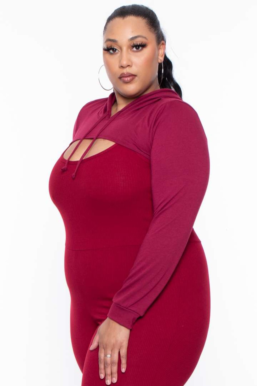 Sets * | Curvy Sense Essential Mix Plus Size Essential Cut Out Hoodie Burgundy