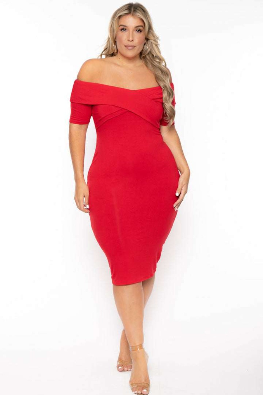 Dresses * | Curvy Sense New Arrivals Plus Size Lydia Off The Shoulder Short Sleeve Dress Red