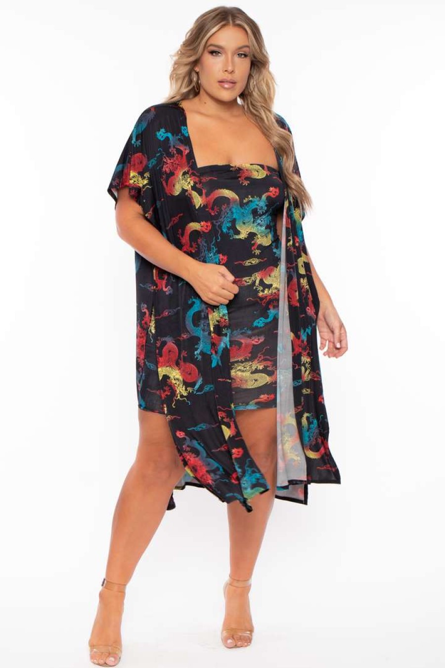 Sets * | Bluebell Matching Sets Plus Size Dragon Kimono And Dress Set Black