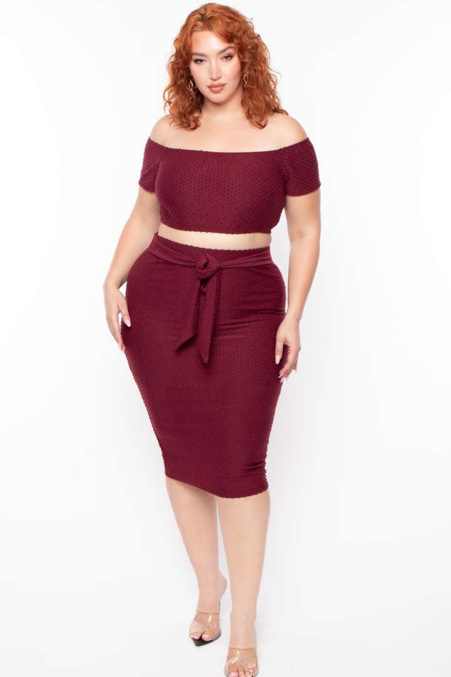 Sets * | Curvy Sense Matching Sets Plus Size Off The Shoulder Textured Matching Set Burgundy