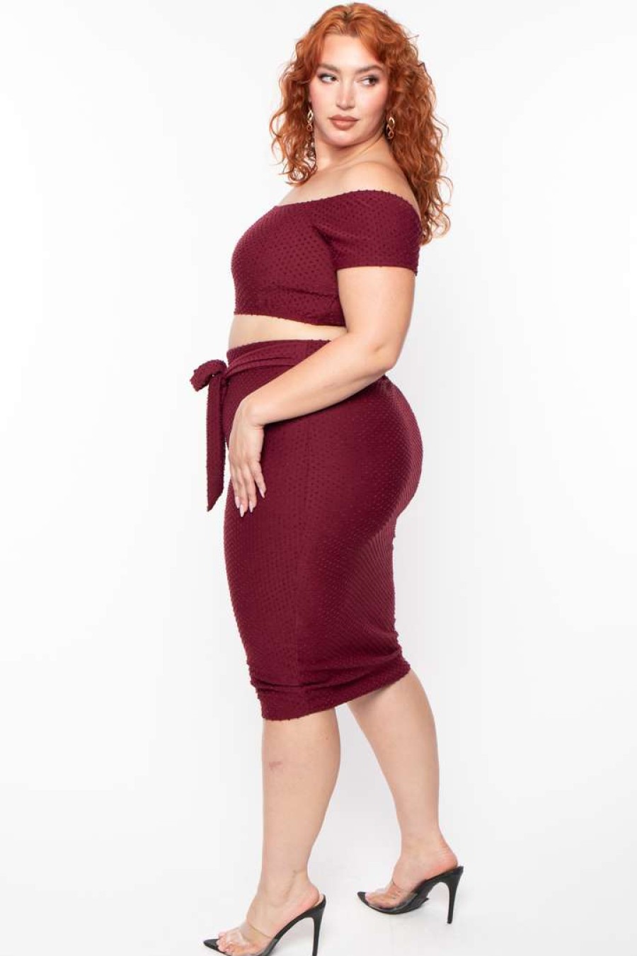 Sets * | Curvy Sense Matching Sets Plus Size Off The Shoulder Textured Matching Set Burgundy