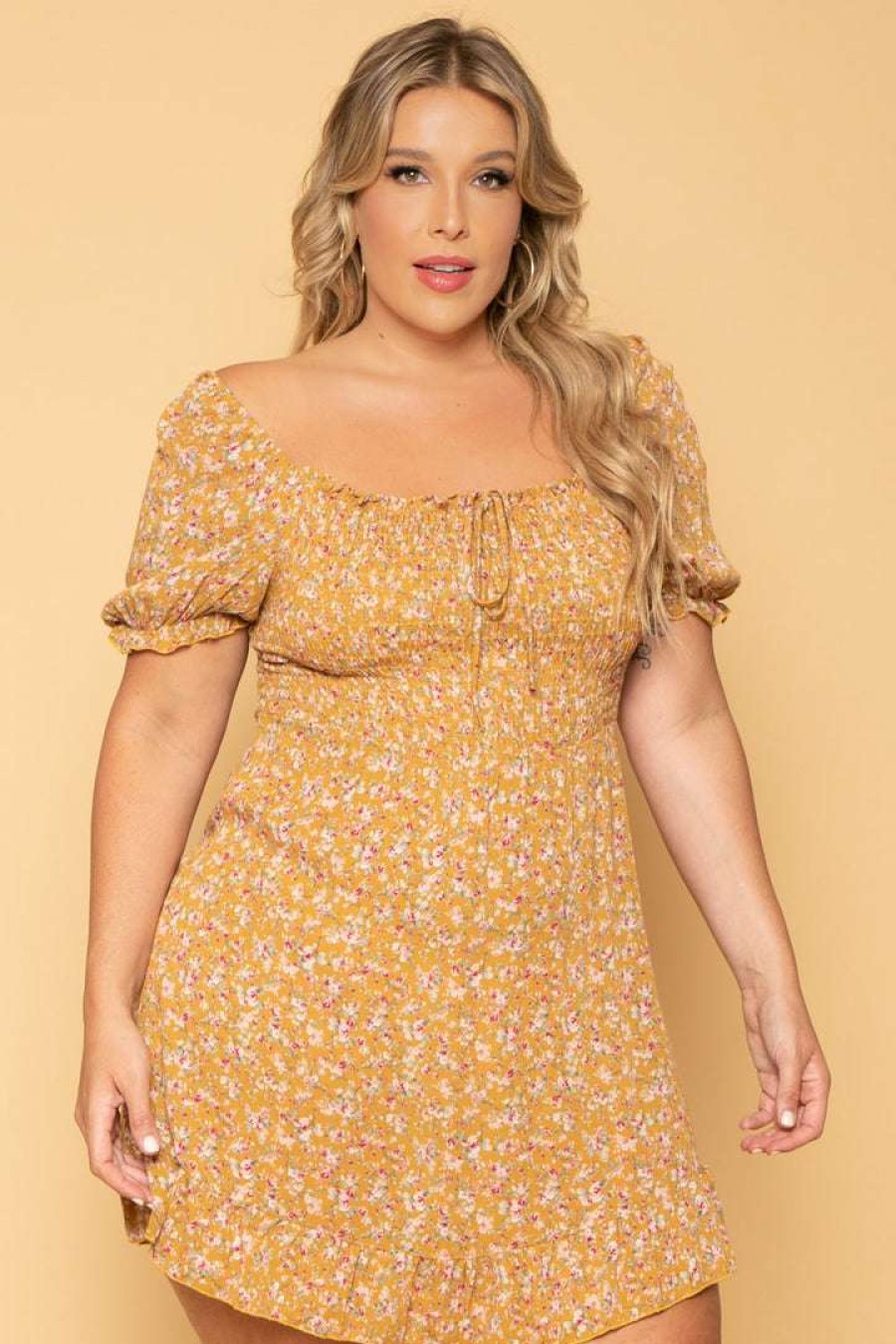 Dresses * | Sky Plus Plus Size Freesia Smocked Floral Dress New Arrivals Mustard