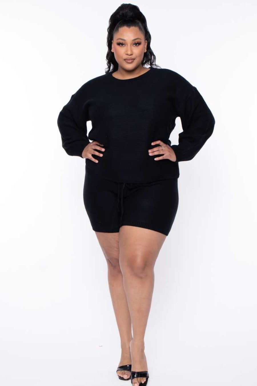 Sets * | Highlight Plus Size Knit Sweater And Shorts Set Matching Sets Black