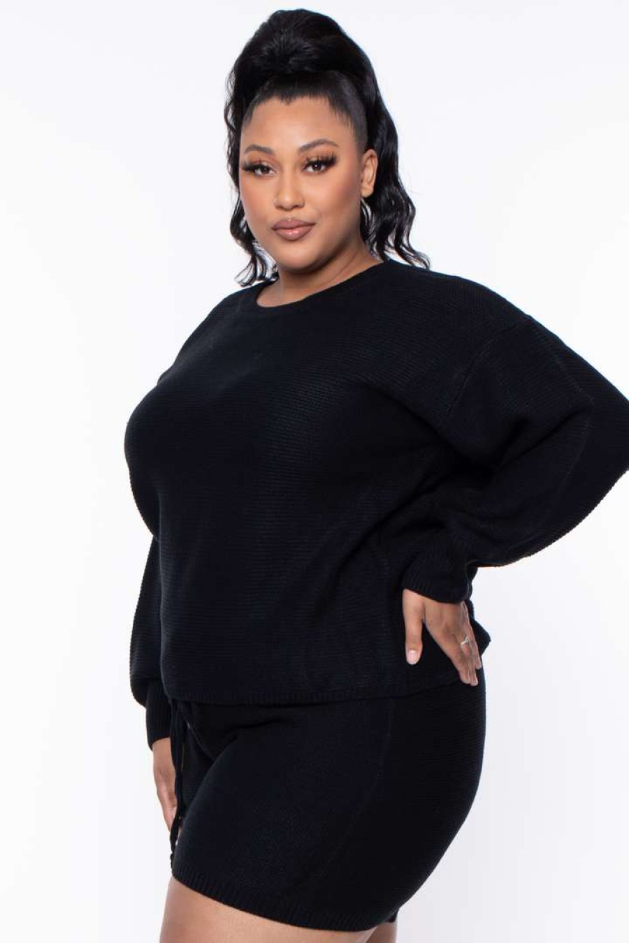 Sets * | Highlight Plus Size Knit Sweater And Shorts Set Matching Sets Black