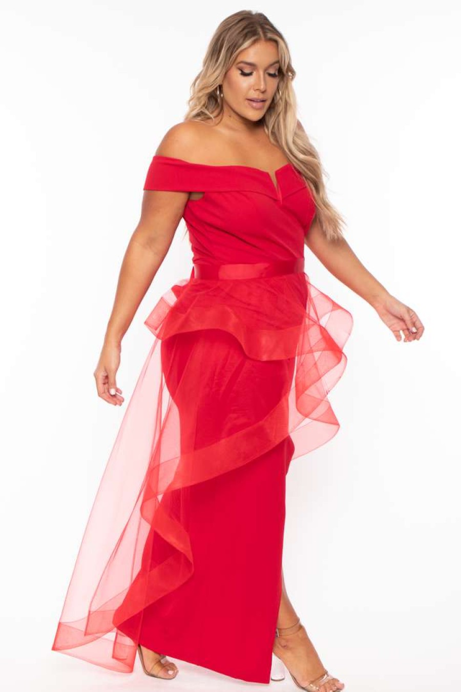 Dresses * | Symphony Plus Size Clara Off The Shoulder Tulle Dress Party Shop Red