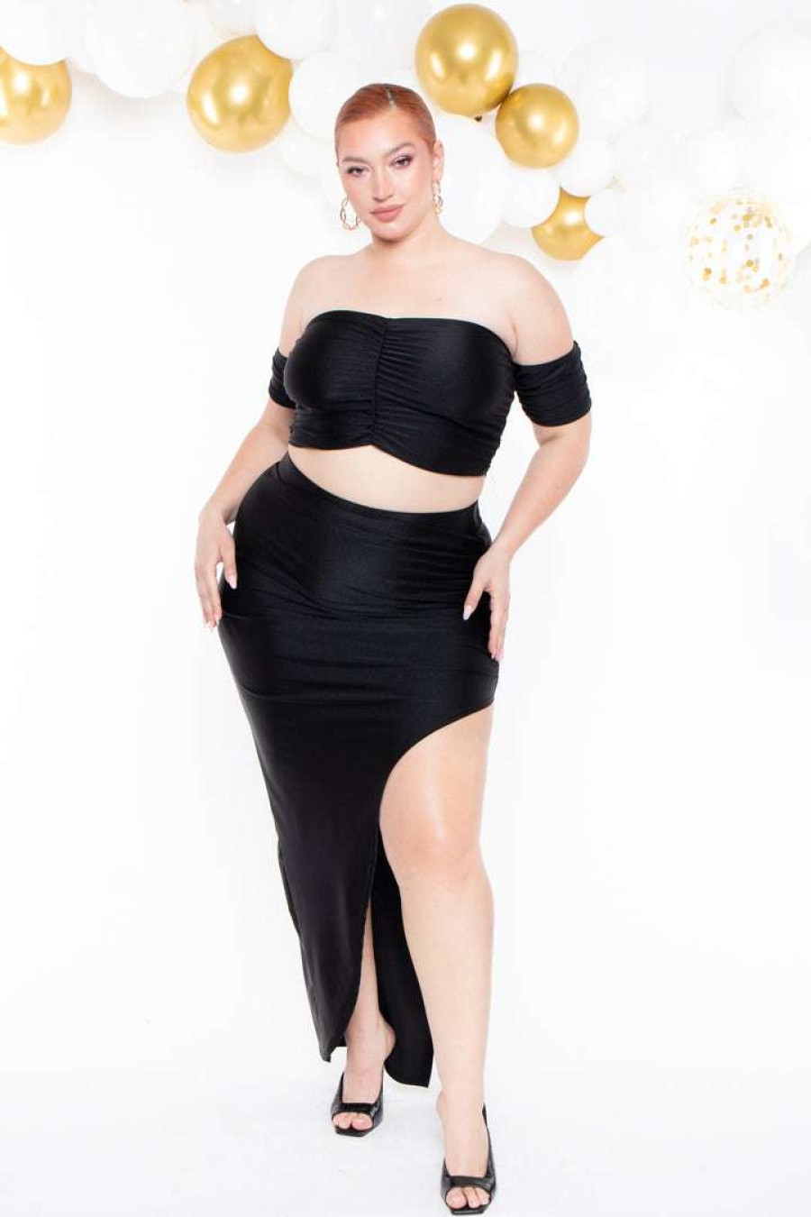 Sets * | Curvy Sense Plus Size Aella Cropped Matching Set Black